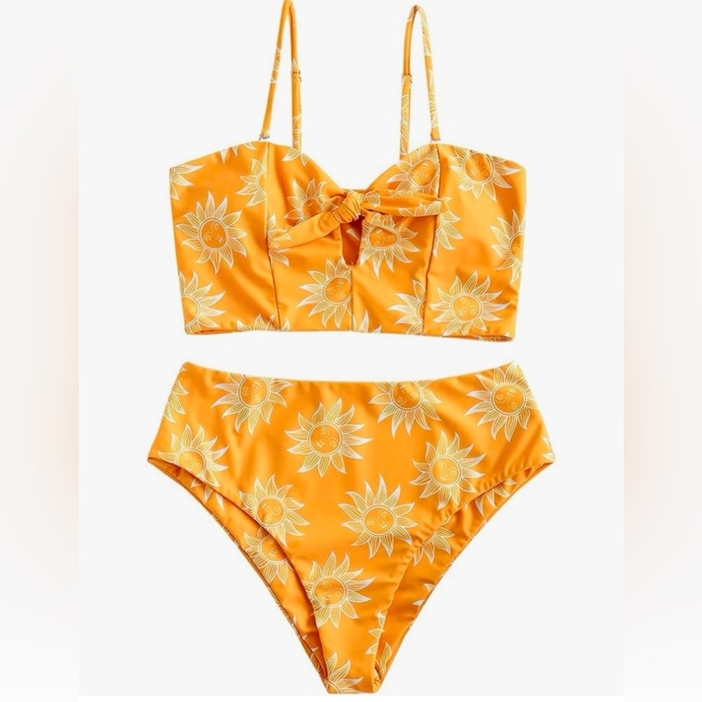 NWT ZAFUL Women Sunflower Keyhole Tied High Waisted Bikini; size S / 4